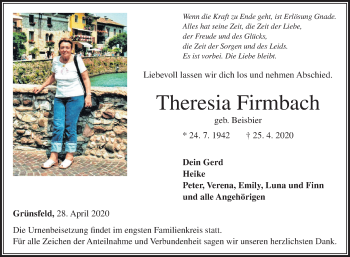 Traueranzeige von Theresia Firmbach von Fränkische Nachrichten