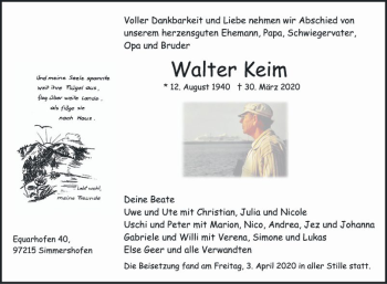 Traueranzeige von Walter Keim von Fränkische Nachrichten