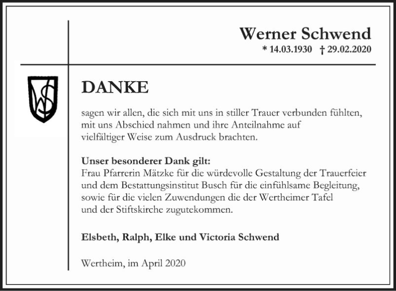  Traueranzeige für Werner Schwend vom 11.04.2020 aus Fränkische Nachrichten