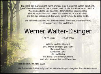 Traueranzeige von Werner Walter-Eisfinger von Schwetzinger Zeitung