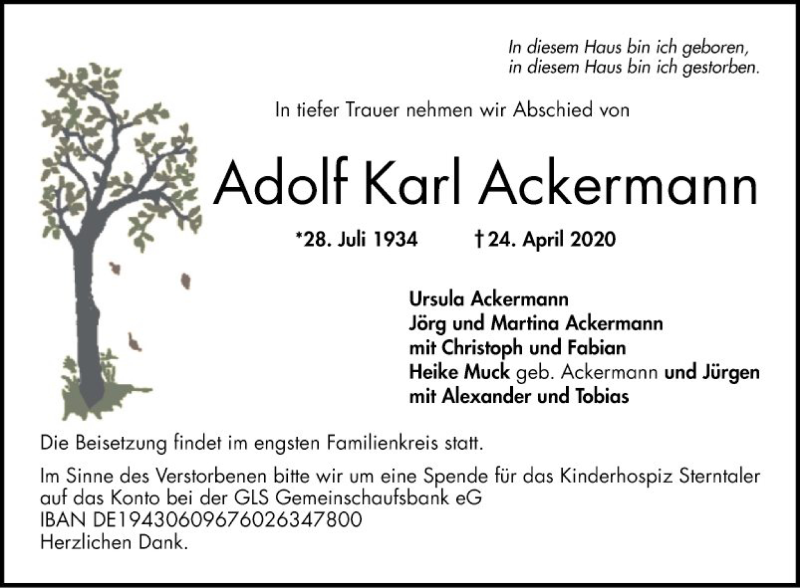  Traueranzeige für Adolf Karl Ackermann vom 02.05.2020 aus Mannheimer Morgen