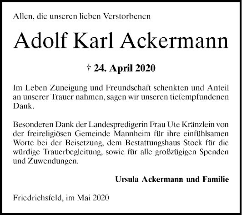  Traueranzeige für Adolf Karl Ackermann vom 16.05.2020 aus Mannheimer Morgen