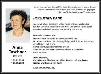 Traueranzeige von Anna Taschner von Fränkische Nachrichten