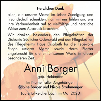 Traueranzeige von Anni Borge von Bergsträßer Anzeiger