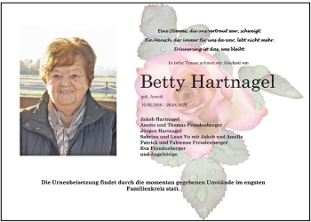 Traueranzeige von Betty Hartnagel von Bergsträßer Anzeiger