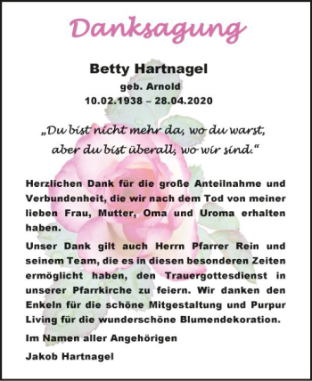 Traueranzeige von Betty Hartnagel von Bergsträßer Anzeiger
