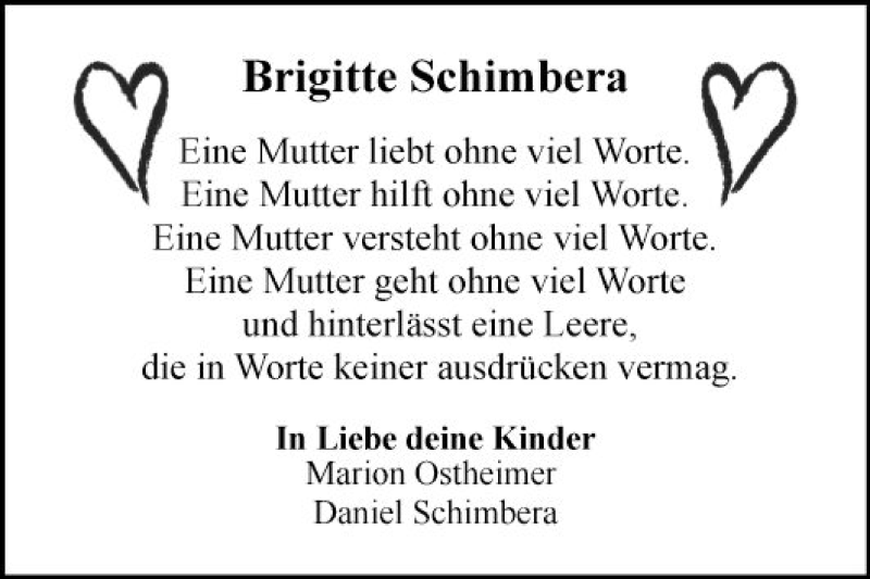  Traueranzeige für Brigitte Schimbera vom 09.05.2020 aus Mannheimer Morgen