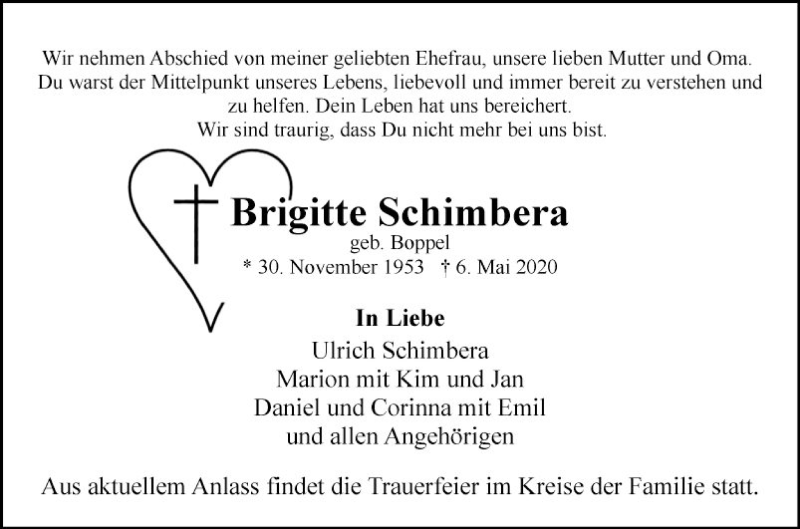  Traueranzeige für Brigitte Schimbera vom 09.05.2020 aus Mannheimer Morgen