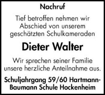 Traueranzeige von Dieter Walter von Schwetzinger Zeitung