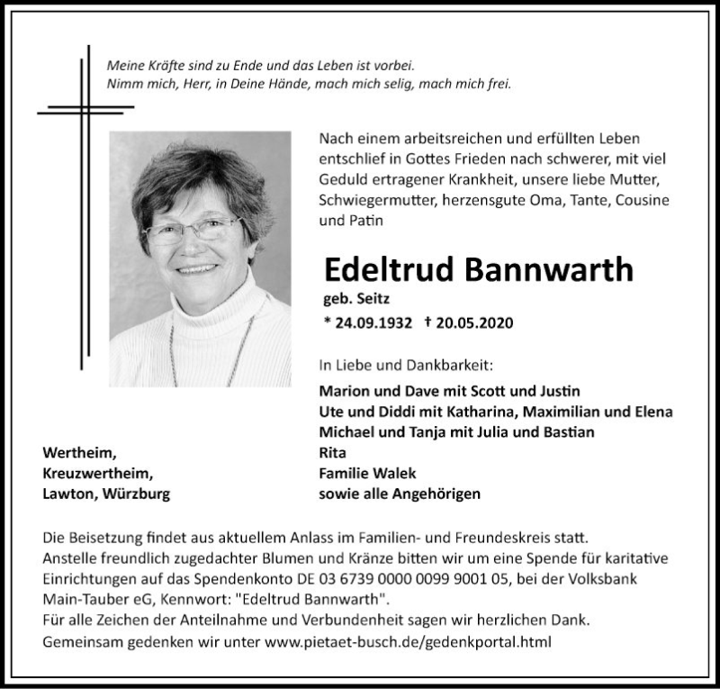  Traueranzeige für Edeltrud Bannwarth vom 23.05.2020 aus Fränkische Nachrichten