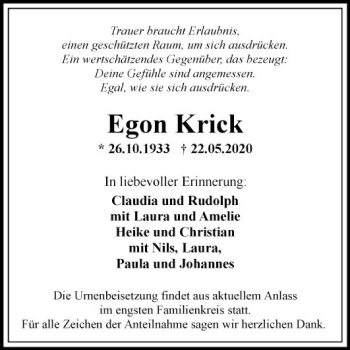 Traueranzeige von Egon Krick von Fränkische Nachrichten
