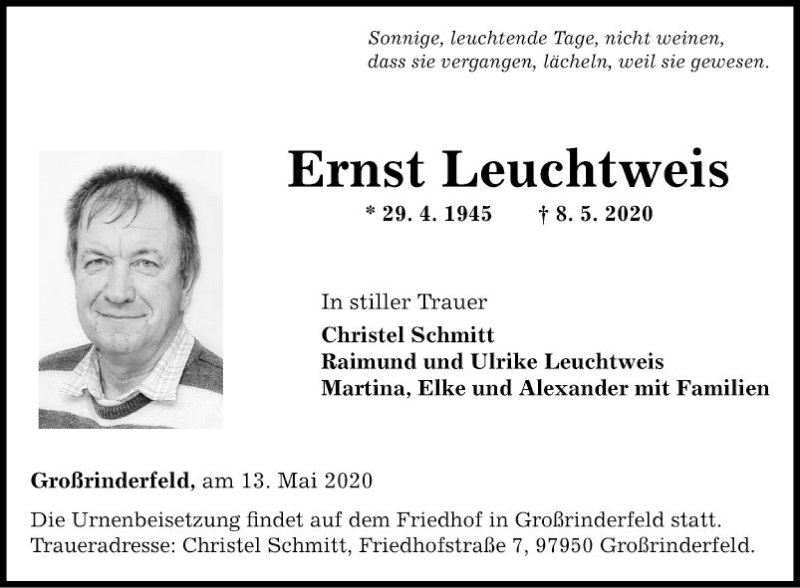  Traueranzeige für Ernst Leuchtweis vom 13.05.2020 aus Fränkische Nachrichten