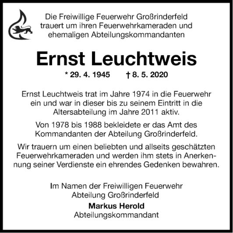  Traueranzeige für Ernst Leuchtweis vom 14.05.2020 aus Fränkische Nachrichten