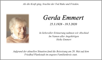 Traueranzeige von Gerda Emmert von Schwetzinger Zeitung