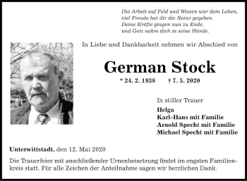 Traueranzeige von German Stock von Fränkische Nachrichten