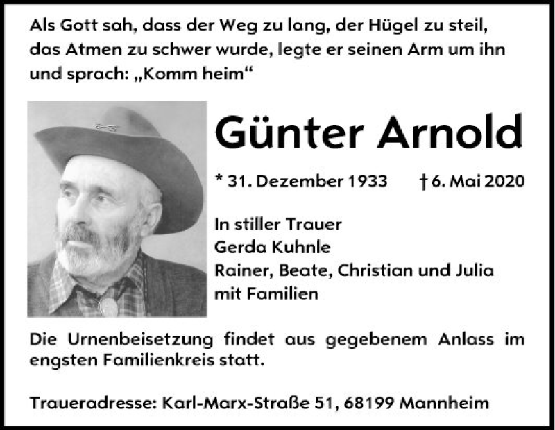  Traueranzeige für Günter Arnold vom 16.05.2020 aus Mannheimer Morgen