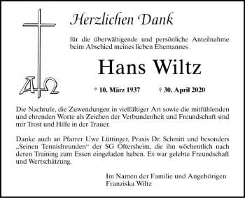 Traueranzeige von Hans Wiltz von Schwetzinger Zeitung