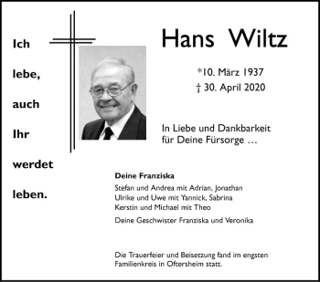 Traueranzeige von Hans Wiltz von Schwetzinger Zeitung