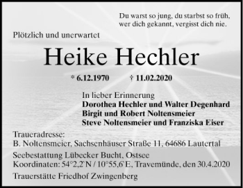 Traueranzeige von Heike Hechler von Bergsträßer Anzeiger