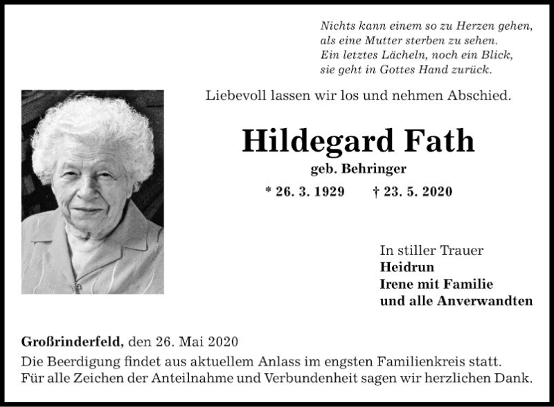  Traueranzeige für Hildegard Fath vom 26.05.2020 aus Fränkische Nachrichten