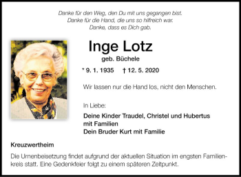 Traueranzeige von Inge Lotz von Fränkische Nachrichten