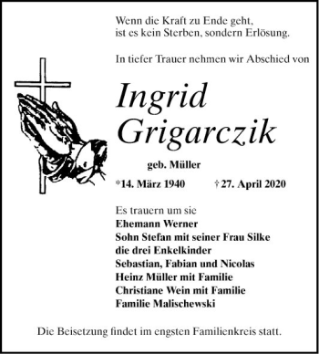 Traueranzeige von Ingrid Grigarczik von Mannheimer Morgen