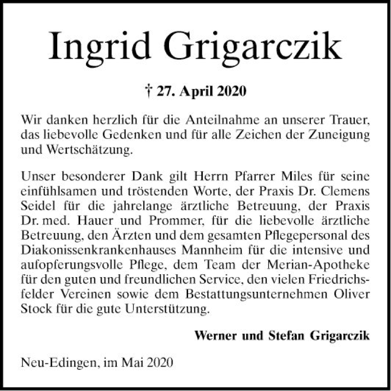  Traueranzeige für Ingrid Grigarczik vom 16.05.2020 aus Mannheimer Morgen