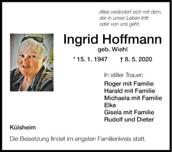 Traueranzeige von Ingrid Hoffmann von Fränkische Nachrichten