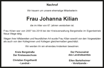Traueranzeige von Johanna Kilian von Bergsträßer Anzeiger