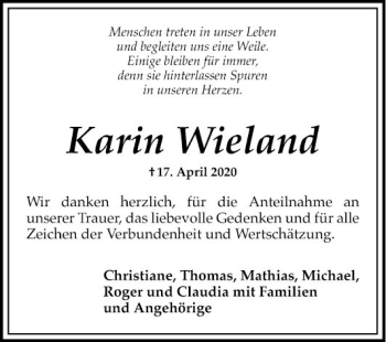 Traueranzeige von Karin Wieland von Mannheimer Morgen