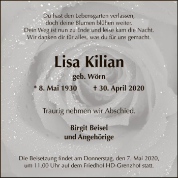 Traueranzeige von Lisa Kilian von Mannheimer Morgen