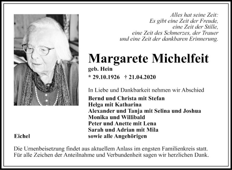  Traueranzeige für Margarete Michelfeit vom 02.05.2020 aus Fränkische Nachrichten