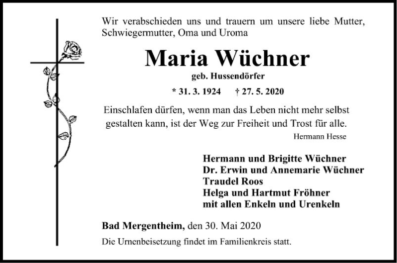  Traueranzeige für Maria Wüchner vom 30.05.2020 aus Fränkische Nachrichten