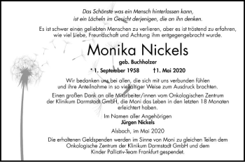 Traueranzeige von Monika Nickels von Bergsträßer Anzeiger