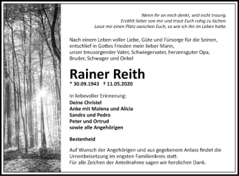 Traueranzeige von Rainer Reith von Fränkische Nachrichten