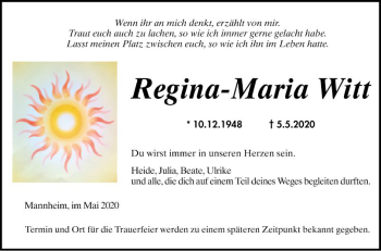 Traueranzeige von Regina-Maria Witt von Mannheimer Morgen
