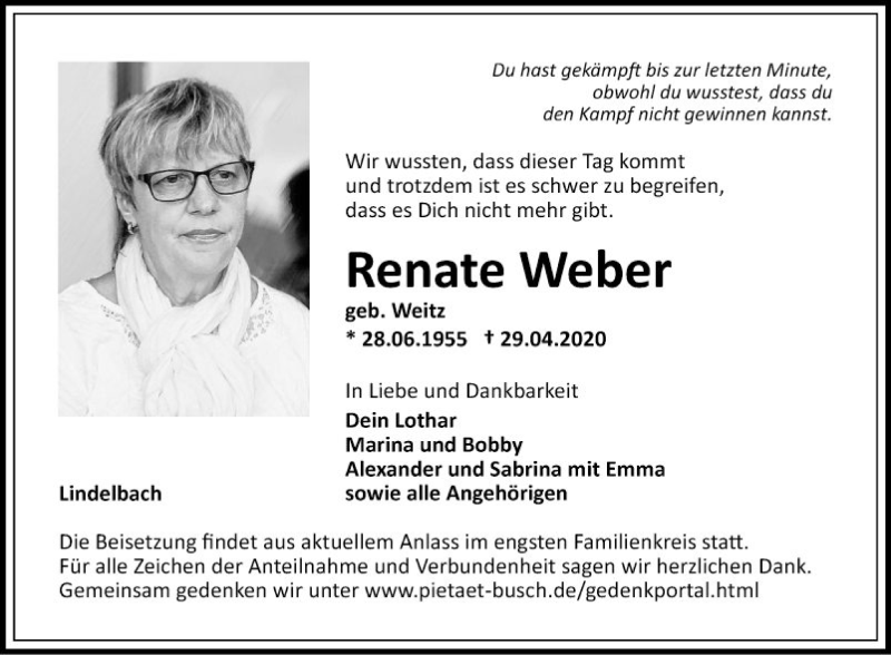  Traueranzeige für Renate Weber vom 05.05.2020 aus Fränkische Nachrichten