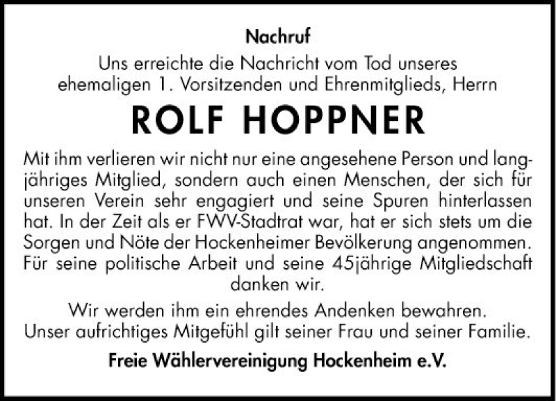  Traueranzeige für Rolf Hoppner vom 30.05.2020 aus Schwetzinger Zeitung