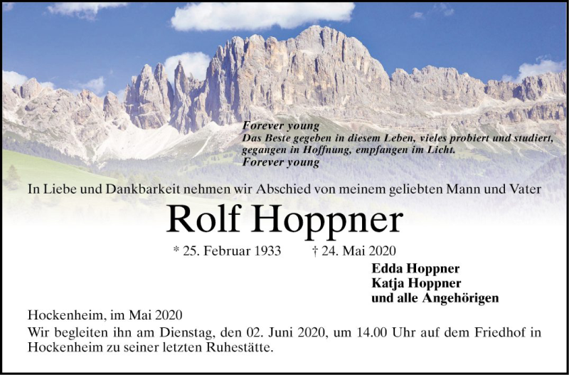  Traueranzeige für Rolf Hoppner vom 30.05.2020 aus Schwetzinger Zeitung