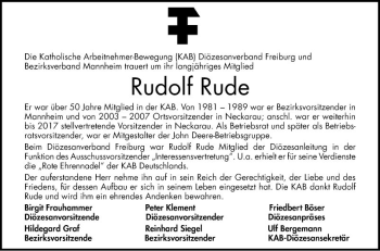 Traueranzeige von Rudolf Rude von Mannheimer Morgen