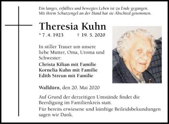 Traueranzeige von Theresia Kuhn von Fränkische Nachrichten