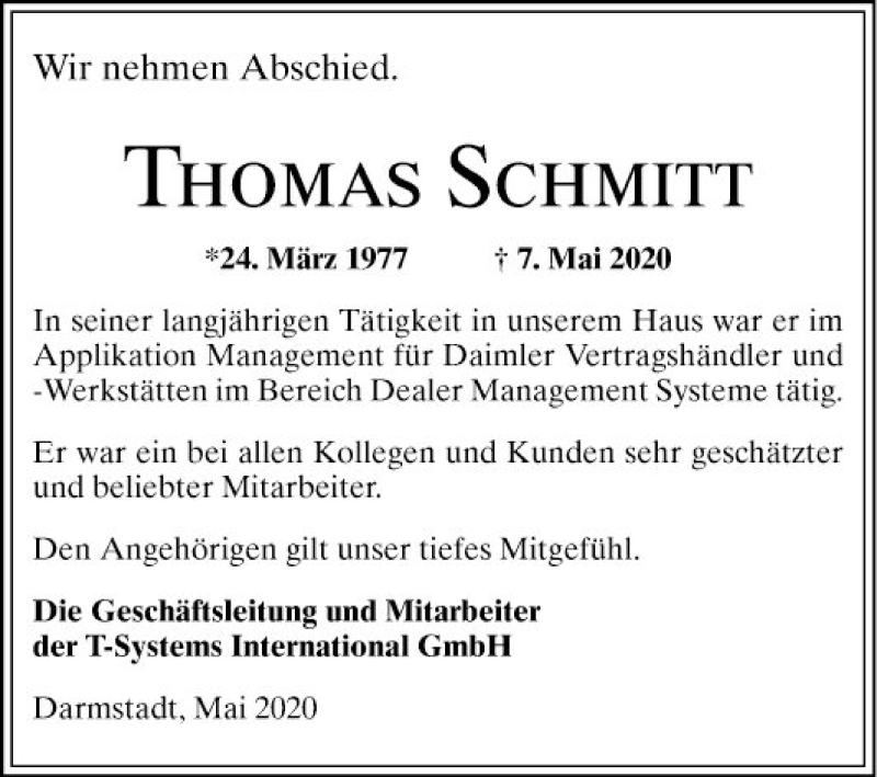  Traueranzeige für Thomas Schmitt vom 25.05.2020 aus Mannheimer Morgen