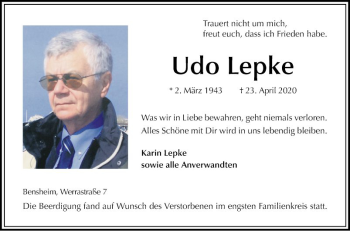 Traueranzeige von Udo Lepke von Bergsträßer Anzeiger
