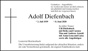 Traueranzeige von Adolf Diefenbach von Bergsträßer Anzeiger