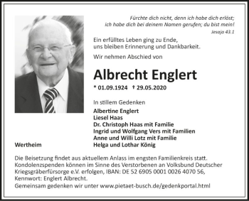 Traueranzeige von Albrecht Englert von Fränkische Nachrichten