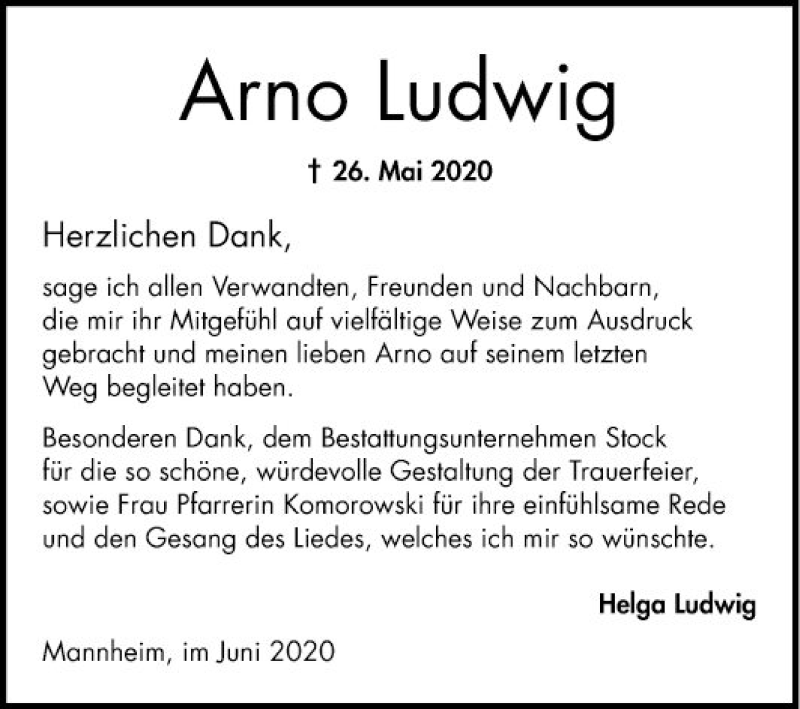  Traueranzeige für Arno Ludwig vom 20.06.2020 aus Mannheimer Morgen