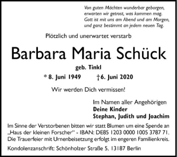 Traueranzeige von Barbara Maria Schück von Bergsträßer Anzeiger