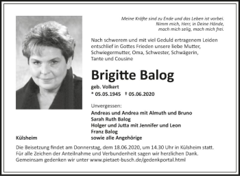 Traueranzeige von Brigitte Balog von Fränkische Nachrichten