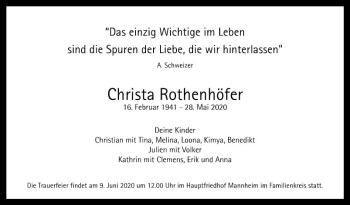 Traueranzeige von Christa Rothenhöfer von Mannheimer Morgen