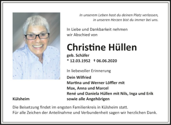 Traueranzeige von Christine Hüllen von Fränkische Nachrichten